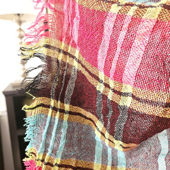 Pink Blue Yellow Burgandy Black Large Plaid Fringe Scarf 52" x 48" - Picture 6 of 7